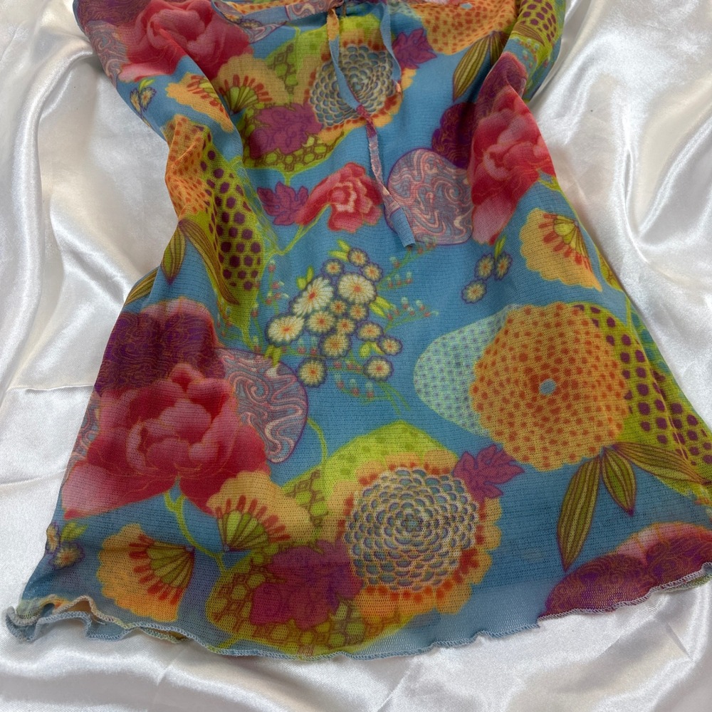 y2k Cami Top Blue Excellent Mesh Floral Lettuce Edge Tie Front Twilight Camisole - Picture 2 of 6